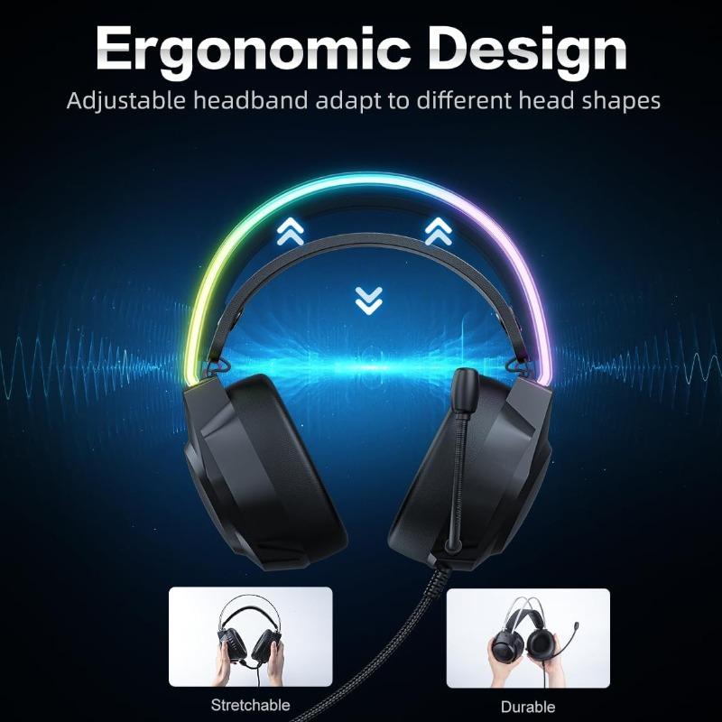 Gaming Headset with Microphone, Cat Ear Headphones for PC Laptop PS4 PS5 Xbox Switch, Rainbow RGB Lighting & Virtual Surround Sound
