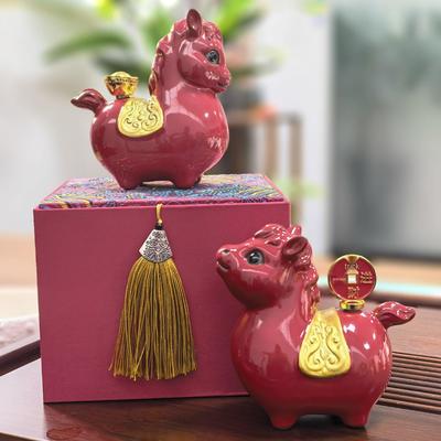 Festive Red Horse Money Ornament Pair - Lucky Resin Decoration for Office or Entrance