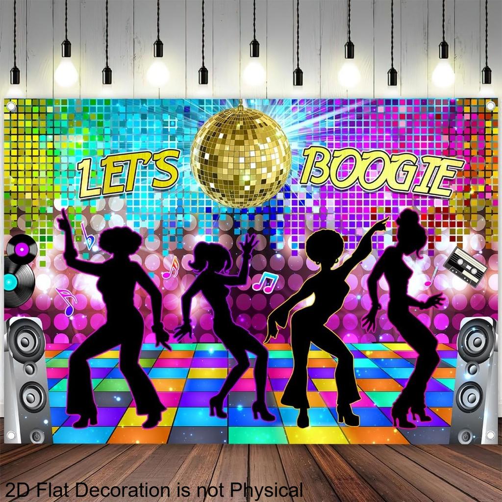Piatto 2D, Palla da Discoteca Let's Boogie Sagome Danzanti Sfondo per Festa Anni '70 Arazzo Decorazione Murale Musica Retrò Sfondo per Celebrazione