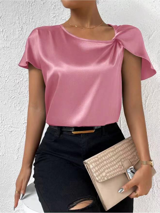 European and American summer satin short sleeves, satin kinks, solid color loose and versatile top women