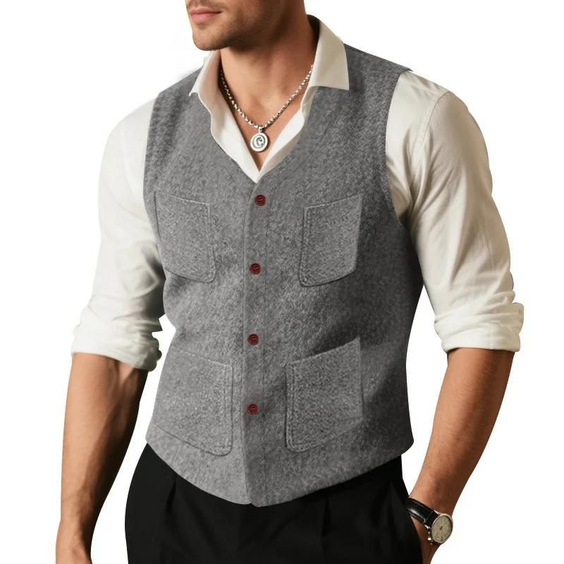 

Single Breasted V-neck Trendy Slim Woolen Multi-pocket Vest British Style Men s Casual Horse Clip Solid Color S