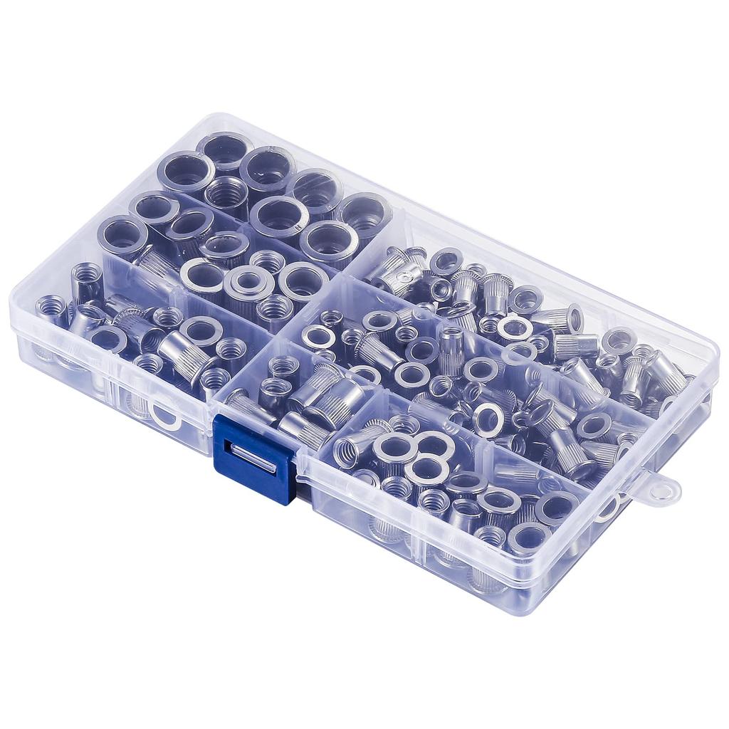 Nut Kit 1/4"-20UNC 8-32UNC 10-24UNC 3/8"-16UNC 5/16"-18UNC 138Pcs Stainless Steel 304 Finish Flat Head Rivnut Threaded Insert Nut Knurled Body