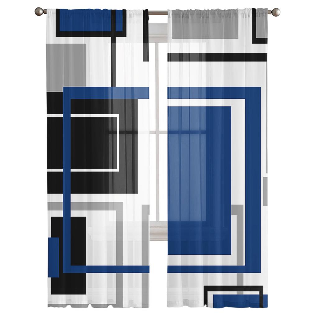 Abstract Geometry Squares Modern Art Window Curtains Sheer Chiffon Tulle Curtain Home Living Room Backdrop Decoration