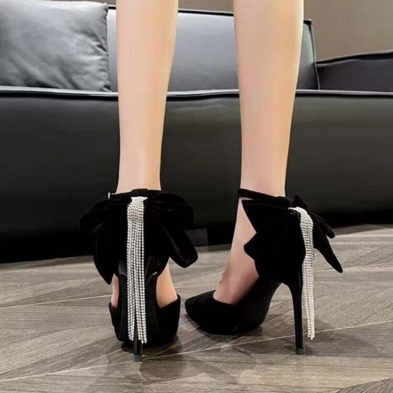 Fashion Women's Slim Heel Shoes Autumn New Pointy Shallow Mouth After The Suede Butterfly Knot Anti-slip Wear-resistant High Heels