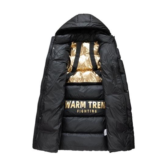 Men Cotton Coat Hooded Long Sleeve Puffer Jacket with Graphene Liner Thermal Insulation Technology Black Golden Color Block Mid-length Outwear