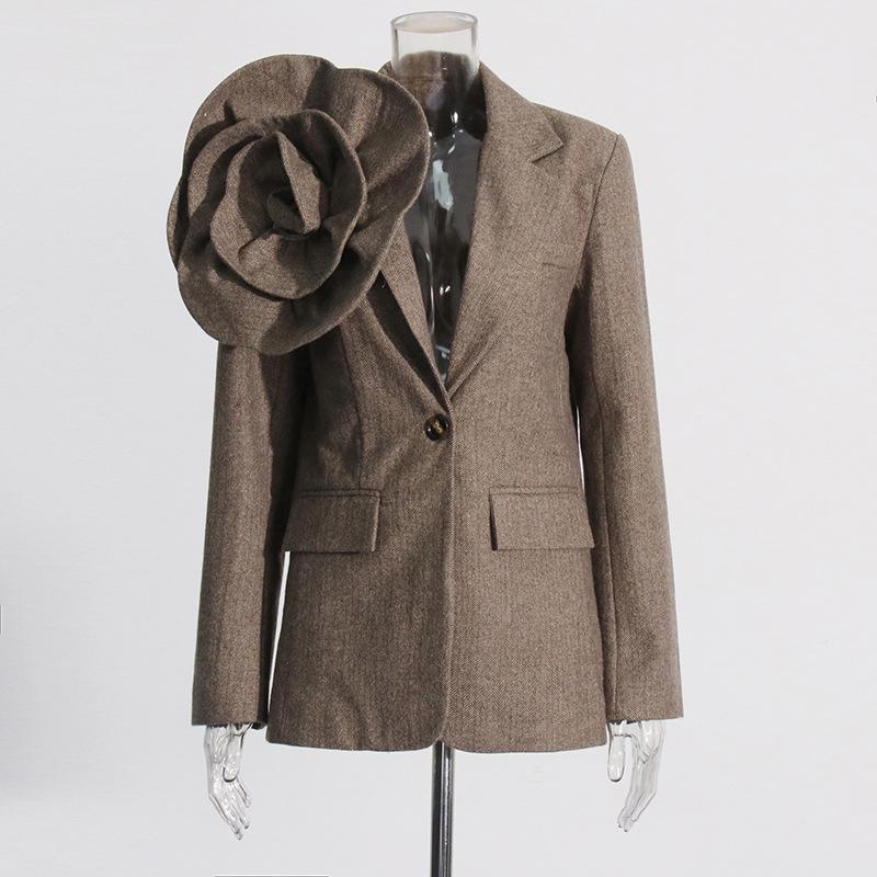 2026 Spring/Autumn Women s Stylish Three-Dimensional Floral Tweed Suit Jacket Extra Large коричневый