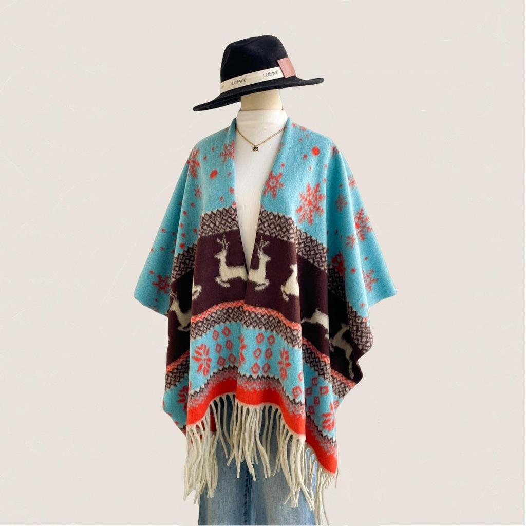 European & American Style Reindeer Snowflake Imitation Cashmere Double-Sided Thick Christmas Shawl for Women