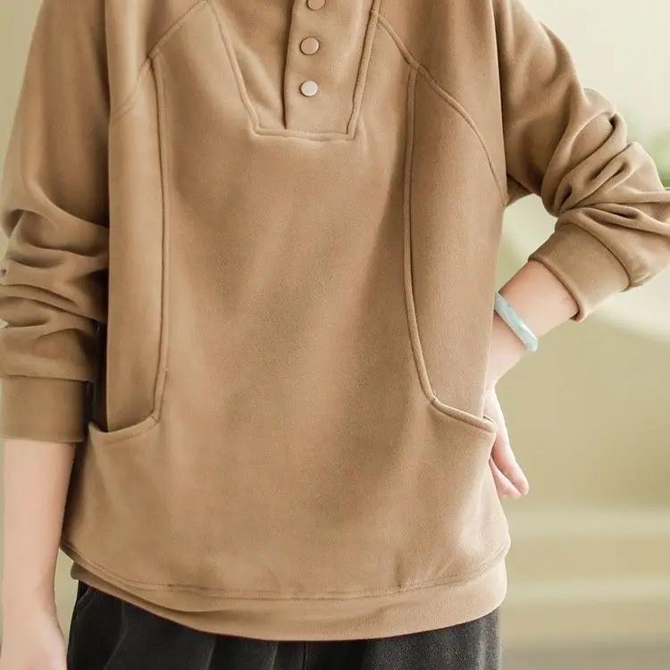 Warm Thermal Sweatshirt Women's Loose Cover-up Design Button Half High Collar Velvet Polyester Full Sleeve Casual Top