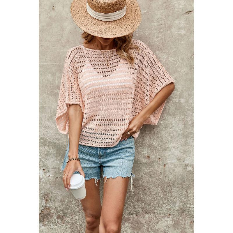 2026 New Round Neck Solid Color Women's Bat Sleeve Hollow Loose Knit Sweater