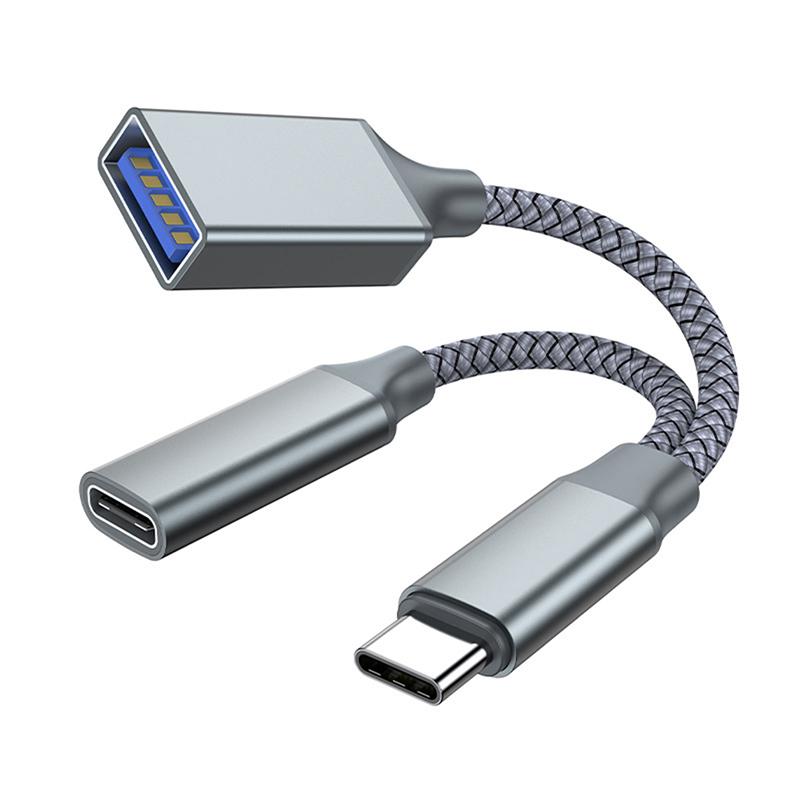USB C OTG Cable Phone Adapter 2 In 1 Type C Male To USB C Female Charging Port With USB Female Splitter Adapter