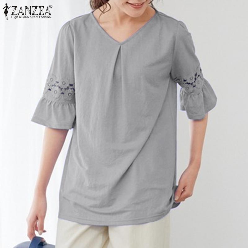 

ZANZEA Женская летняя кружевная лоскутная повседневная блузка с v-образным вырезом и половиной рукава