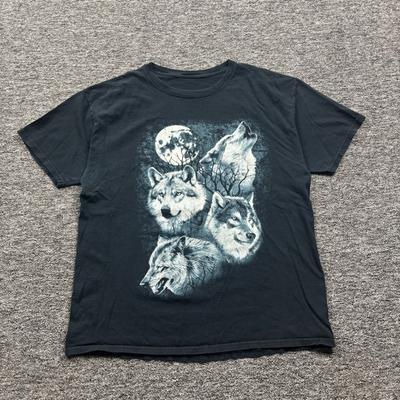 Grunge Y2K 2000s Howling Wolf Nature Graphic Black T-Shirt Size Large Unisex T-Shirt