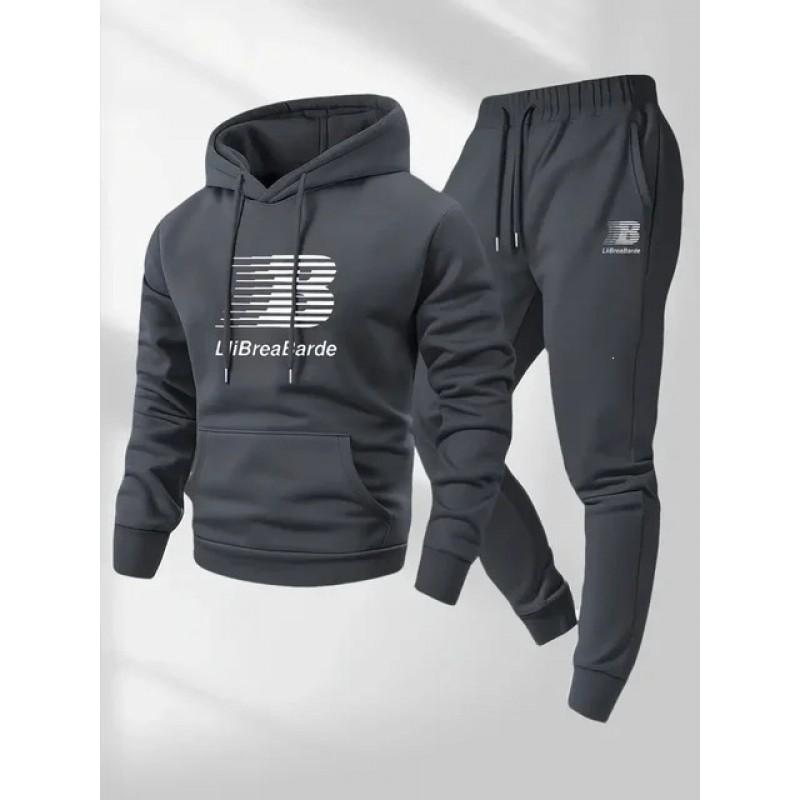 Herren Buchstabendruck Kapuzen-Trainingsanzug Langarm Pullover Sweatshirt Kordelzug Laufhose Winter Freizeit Sportbekleidung