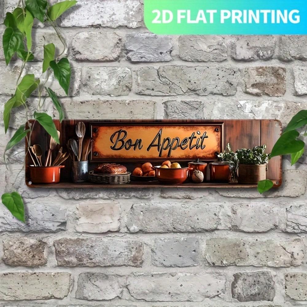 Vintage French Bon Appétit Metal Wall Sign, Rustic Farmhouse Kitchen Decor, Pre-Drilled Holes, 15.7x3.9 Flat Wall Art