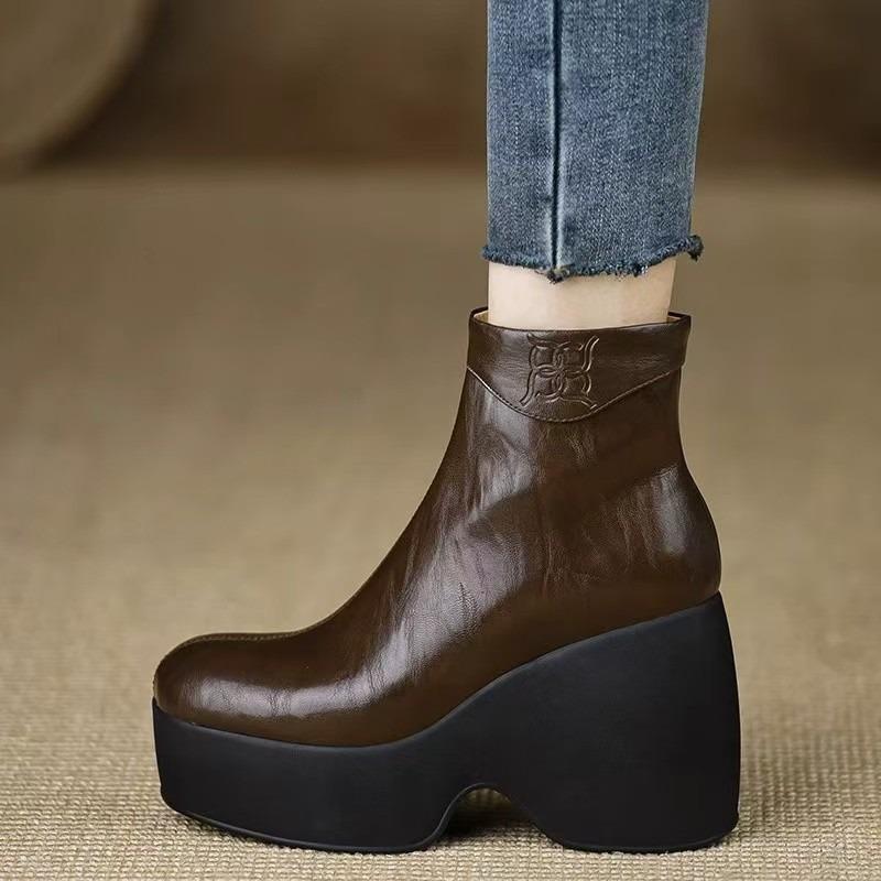 

Women s Thick Sole Cotton Boots Winter New Round Head Side Zipper Anti-slip Wear-resistant Slope Heel Short Boots 39