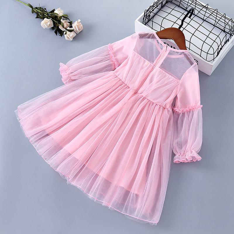 Bear Girls Dress Spring Autumn Long Sleeve Cartoon Printed Princess Sweet Mesh Children