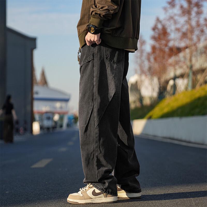 Dingfengbaoluo Men's Retro Loose Straight Pleated Jeans ZW08