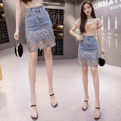 Calças femininas de verão borla estiramento denim saia cintura alta lantejoulas meio corpo saia sexy cowboy pacote hip saia