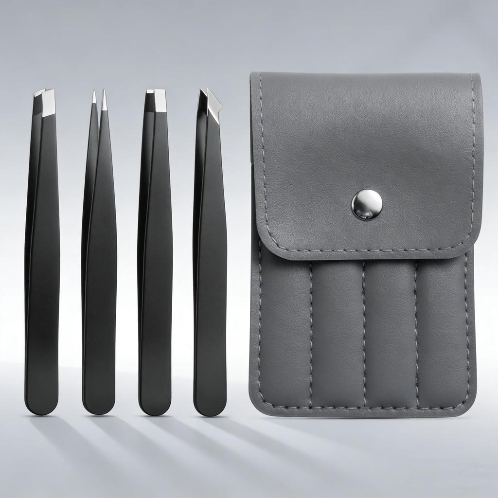 Universal Men's Eyebrow & Beard Tweezers Set with Razor & Leather Case