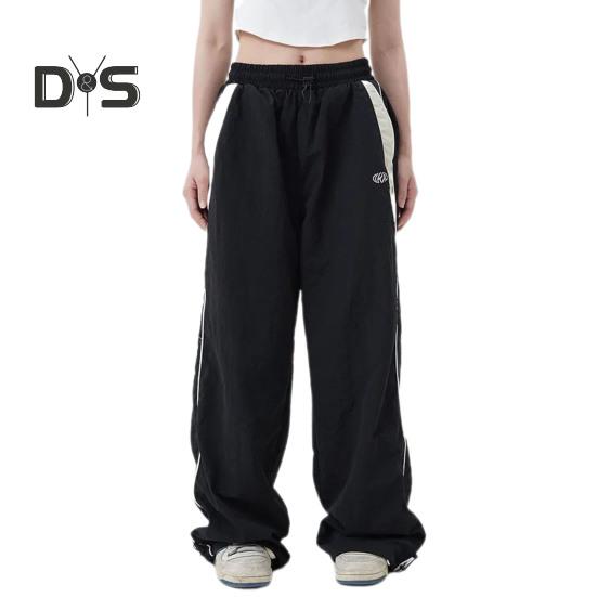 Women Summer Casual Pants Elastic High Waist Straight Wide Leg Long Trousers Contrast Color Pockets Sport Pants Streetwear