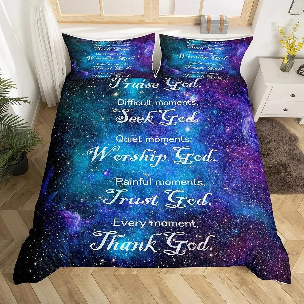 Christian Healing Duvet Cover Set with Inspirational Thoughts and Prayers Women Bedding Sets Colorful Sky Bedspreads Cover Queen