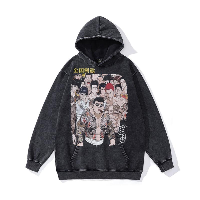 Harajuku Ukiyo-E Cartoon Print Heavy Hoodie American Street Hip Hop Washed Hoodie For Men And Women