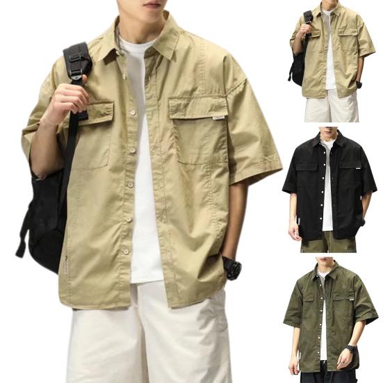 Men Shirt Solid Color Hip-hop Cool Young Style Buttons Loose Type Single-breasted Cardigan Lapel Summer Shirt Men Clothes