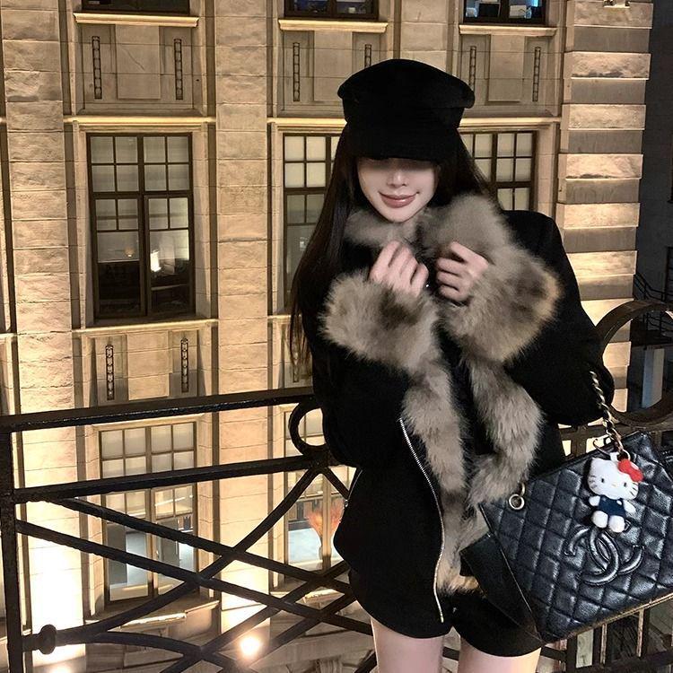 

Women s Black Shearling Fur Collar Short Slim Fit Biker Jacket - Autumn/Winter Thickened Coat S (80-105 jin) чорний