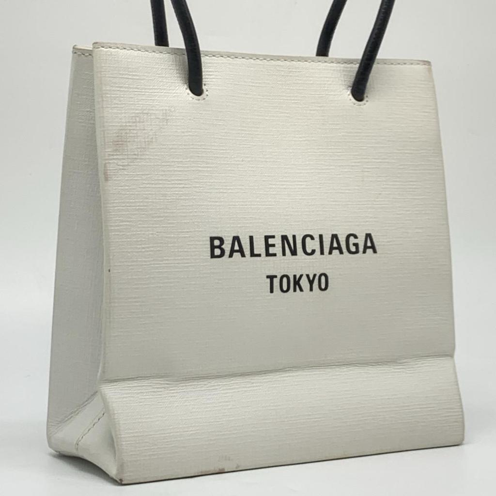 BALENCIAGA Aoyama Limited Shopping Tote Bag XXS Handbag Shoulder Calfskin Leather White Black 2WAY Logo Print Unisex Women's Men's