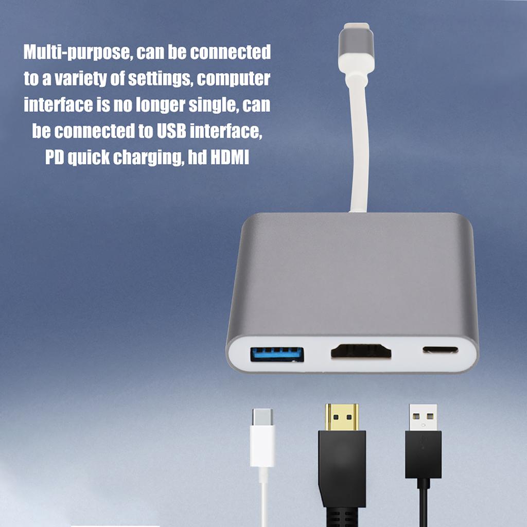 HC 04 Multifunction 3 in 1 Hub Type C to HDMI Output HD Converter Adapter Dock Station(gray )