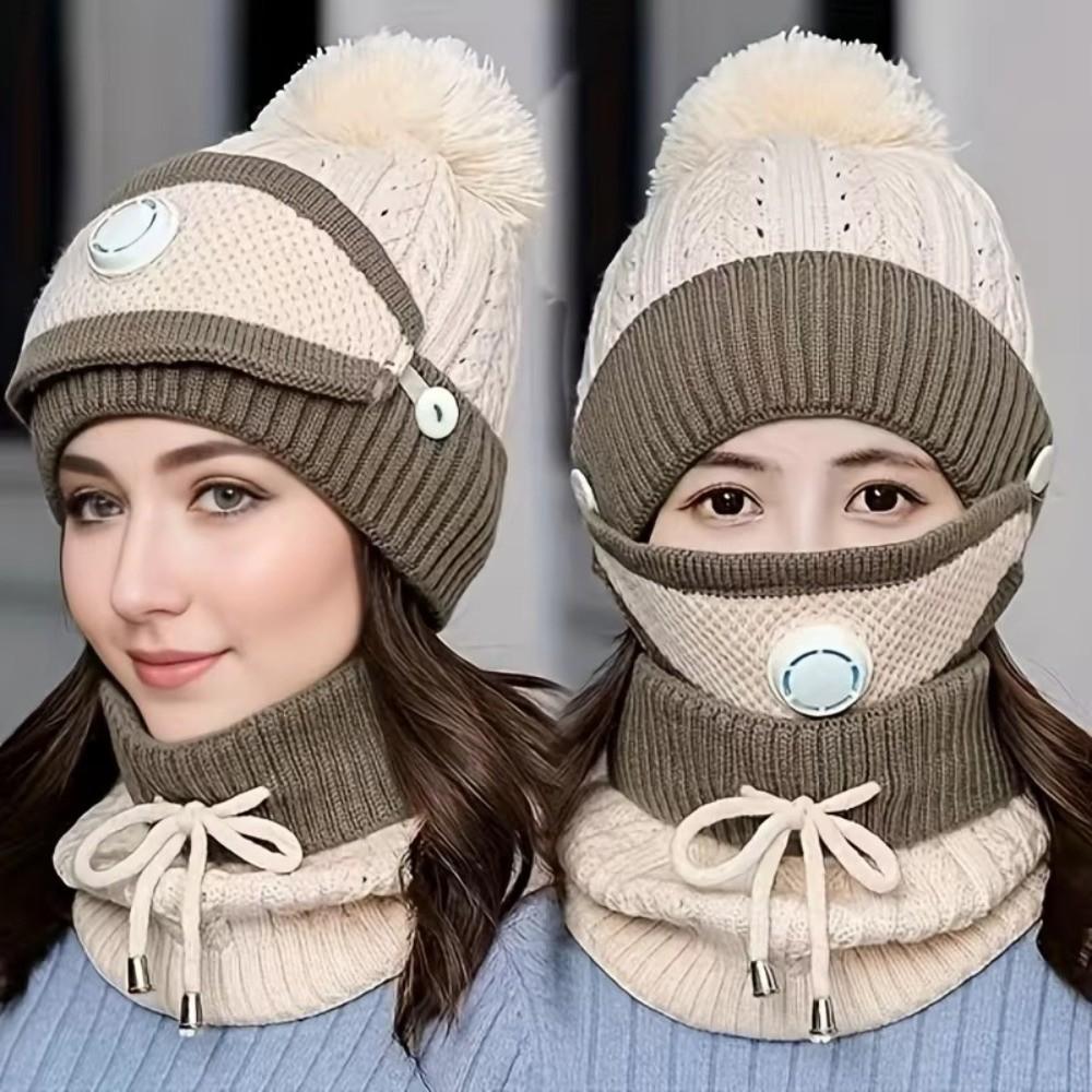 Comfortable Thick Fleece Beanie Hat Scarf Soft Plush Breathable Scarf Cap Keep Warm Winter Hat Mask Women
