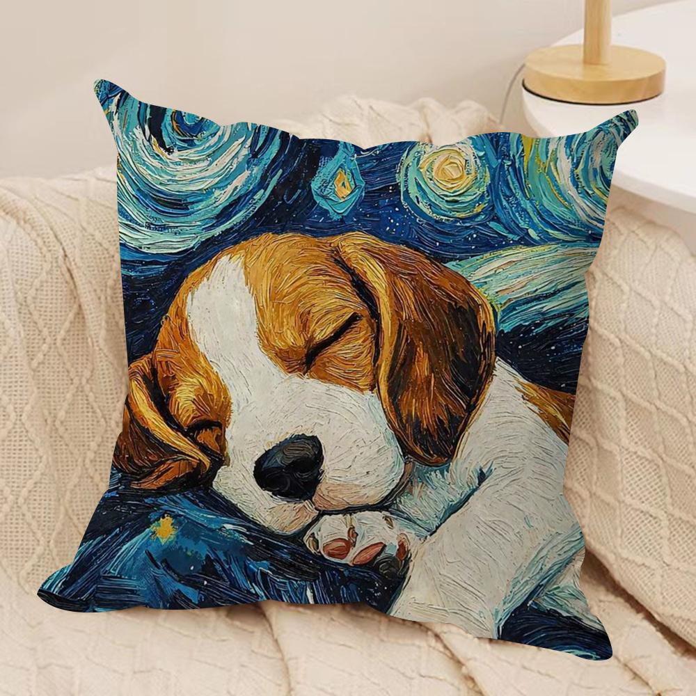 Cartoon Sternenhimmel Hund Kissenbezug Seidiger Kurzer Plüsch Doppelseitig Bedruckter Kissenbezug für Sofa Alle Jahreszeiten Heimdekoration Geschenk