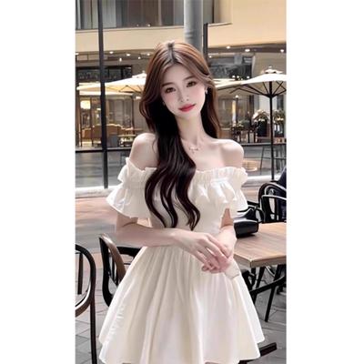 French Summer New White One-word Neck Dress Femininity Pure Desire Spice Girl Wind Fungus Edge Off-the-shoulder Skirt