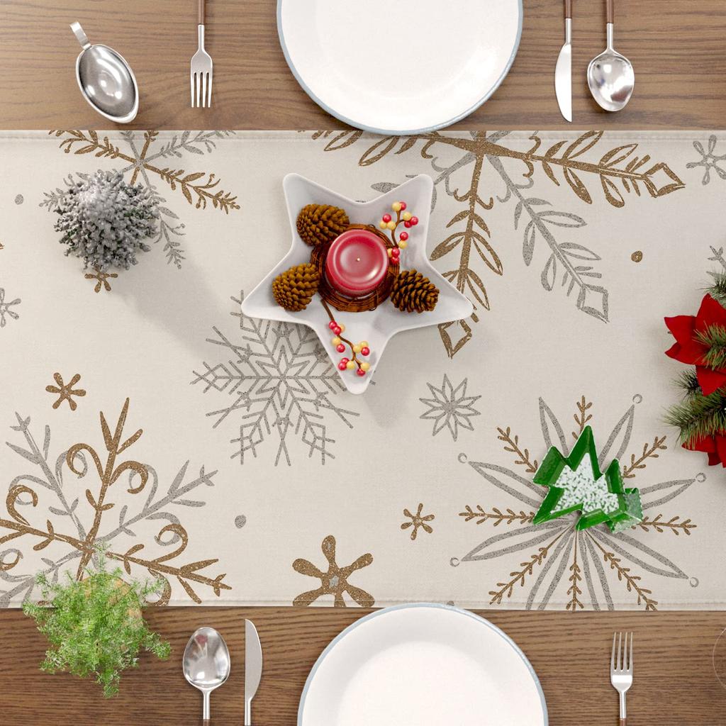 Winter Table Runner,Snowflake Decor, White, Gold, Table For Table, Seasonal, Christmas, Holiday, Home Decor