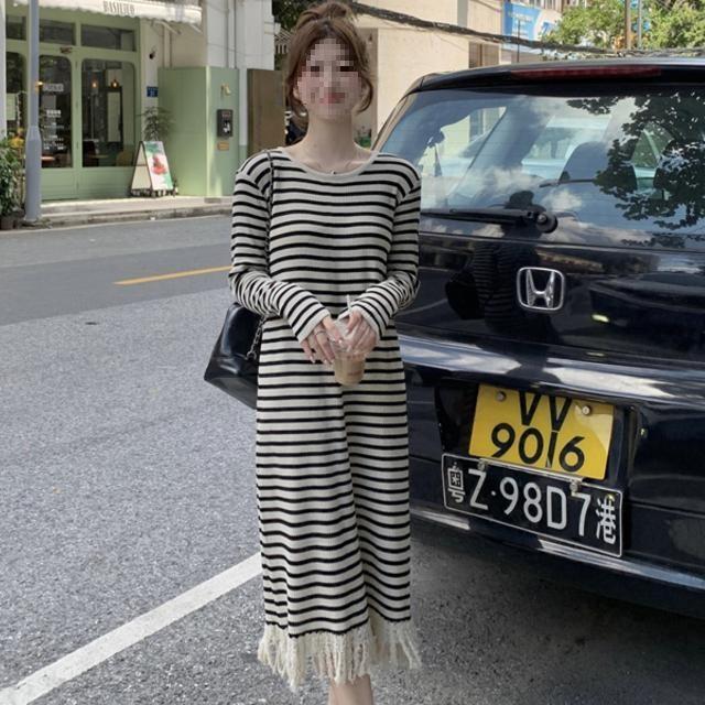 Guaranteed To Be In Stock - If Out of Stock, We Will Notify You. Striped Knitted Dress Women's New Tassel Edge Medium and Long Dress Is Cold Silk.