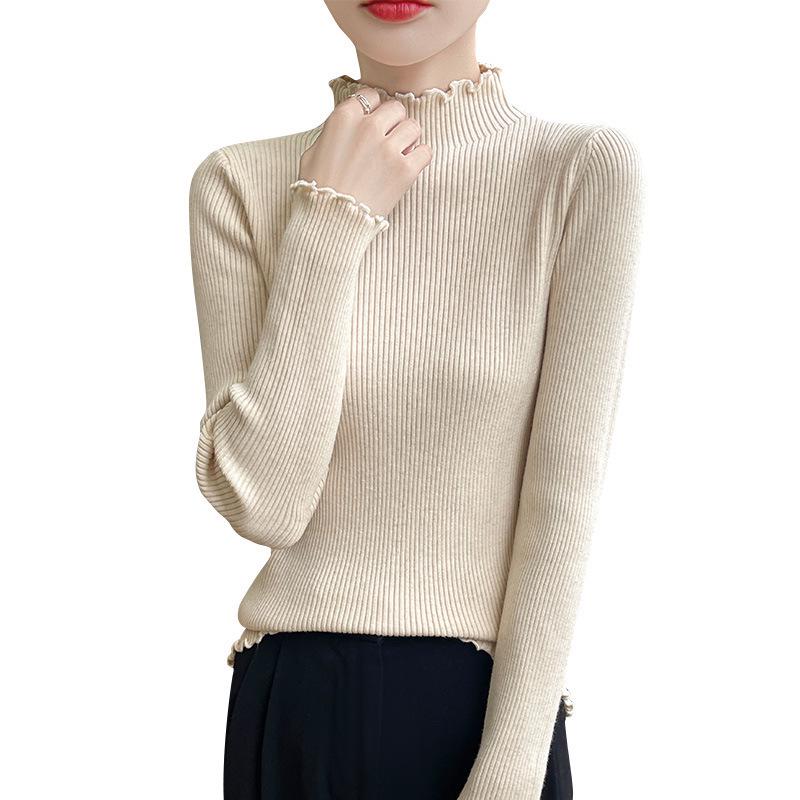 Women's Slim Sequin Knit Sweater with Lace Half-High Collar - Autumn/Winter Korean Style Pullover