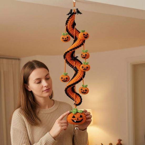 Decoração de Festival Interno Halloween Ornamento Pendurado Espiral de Crochê Kit DIY, Abóbora Fantasma Morcego Padrões Fáceis Gato Preto Artesanato Completo, Decoração de Feriado