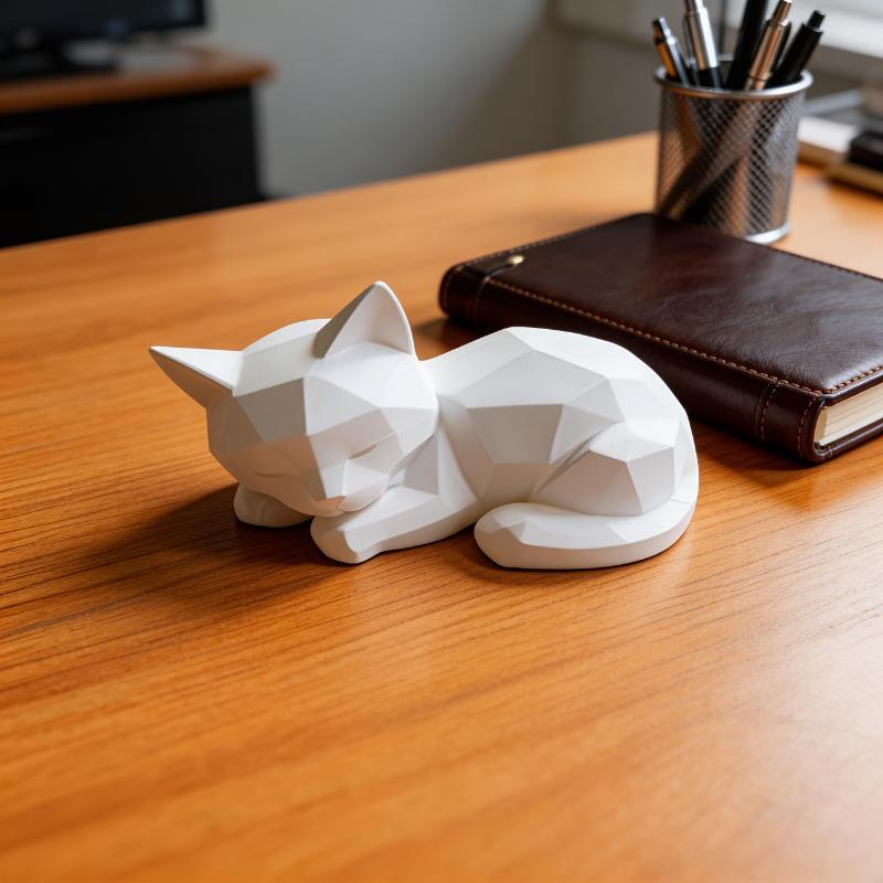 Cute Abstract Geometric Sleeping Cat Ornament - Modern Minimalist Plastic Figurine Home & Office Desk Decor