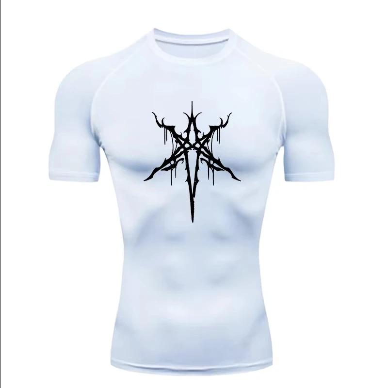 Gothic Cross Pattern  Men’s Sport T-shirt Training/fitness Compression Athletic Wear  Running T-shirt  Rashgard Y2K Top