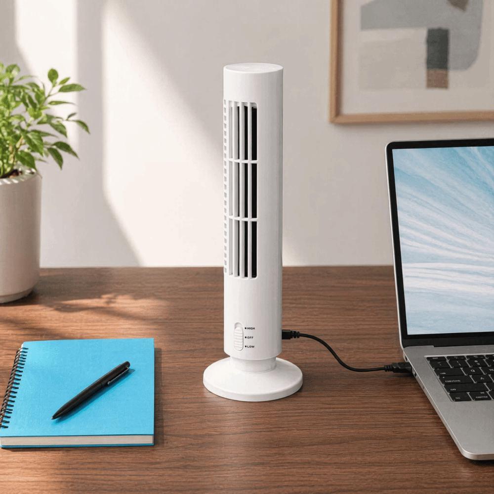 Slim Mini Desk Fan Plastic Wingless Fan Simple Control Bladeless Tower Fan, Dorm Room