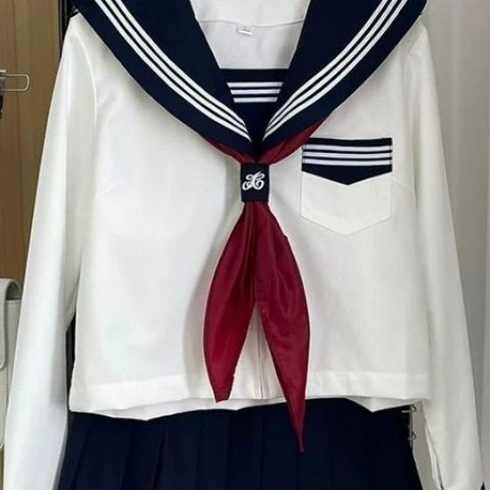Red Triangular Sailor Uniform Scarf with Embroidery and Large Bow Tie - Japanese Academy Style
