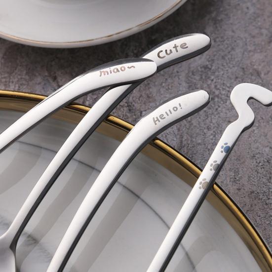 Cat Face Coffee Spoon, 304 Stainless Steel Cute Hanging Spoon with Curved Tail, Long Handle, Stirring Spoon for Mug Cup, Coffee Milk Tea Dessert Gift