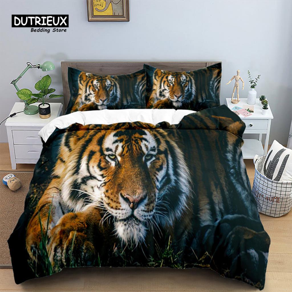 Tiger Duvet Cover Set Queen Size African Animal Bedding Set Tropical Wild Animal Leopard Comforter Cover For Kids Adults Decor