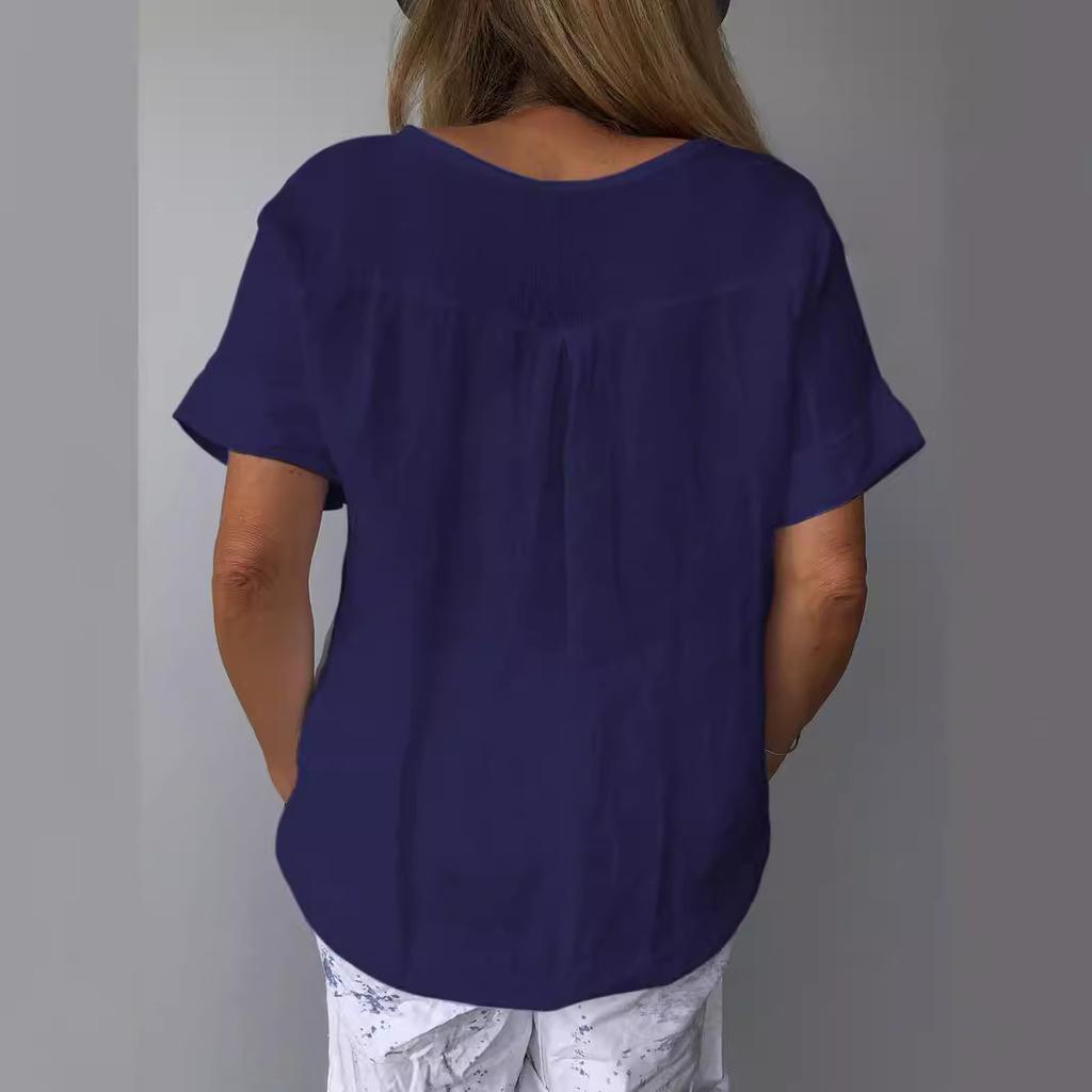 Women's Fashion Short Sleeve Cotton Linen Loose Casual Solid Color Top