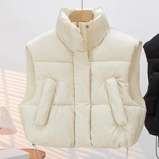 Women's Thick Warm Vest Autumn Winter Zipper Closure Loose Jacket with Pockets Windproof Stand-Up Collar Gilet for Daily Wear Dating Street Office