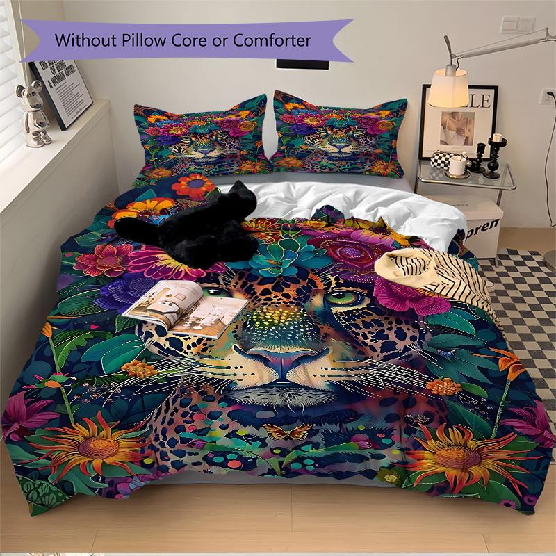 3PCs Leopard Floral Print Design Cover Set, Breathable Fabric, Machine Washable (1 Duvet Cover + 2 Pillowcases) (Without Quilt) yy250911094