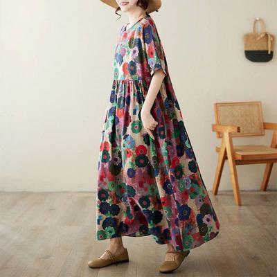 Vestido feminino retrô primavera gola redonda casual linha a estilo vintage estampa manga curta vestido solto