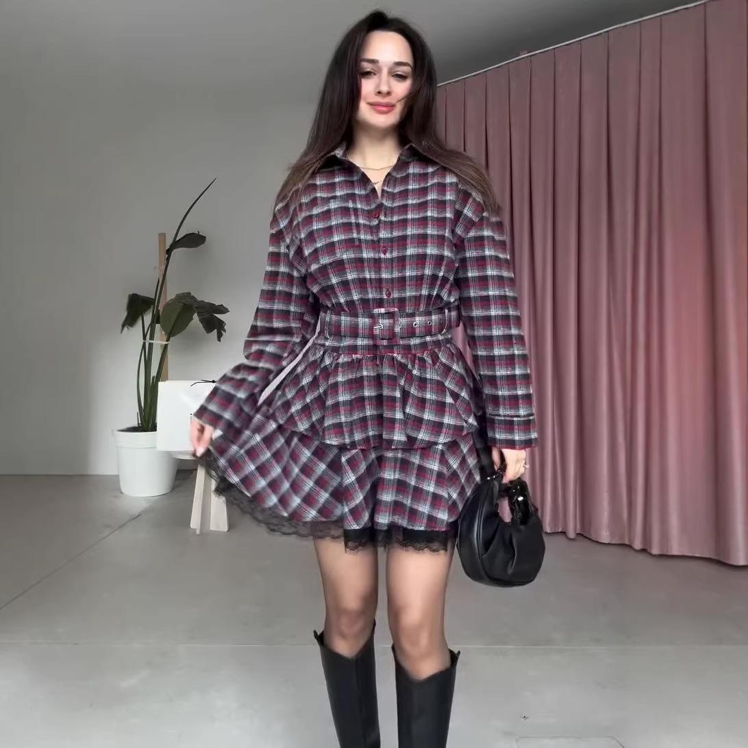 Cross-border spring new women s fashion trend plaid shirt-style laminated long-sleeved belt long-sleeved dress XS бордовый