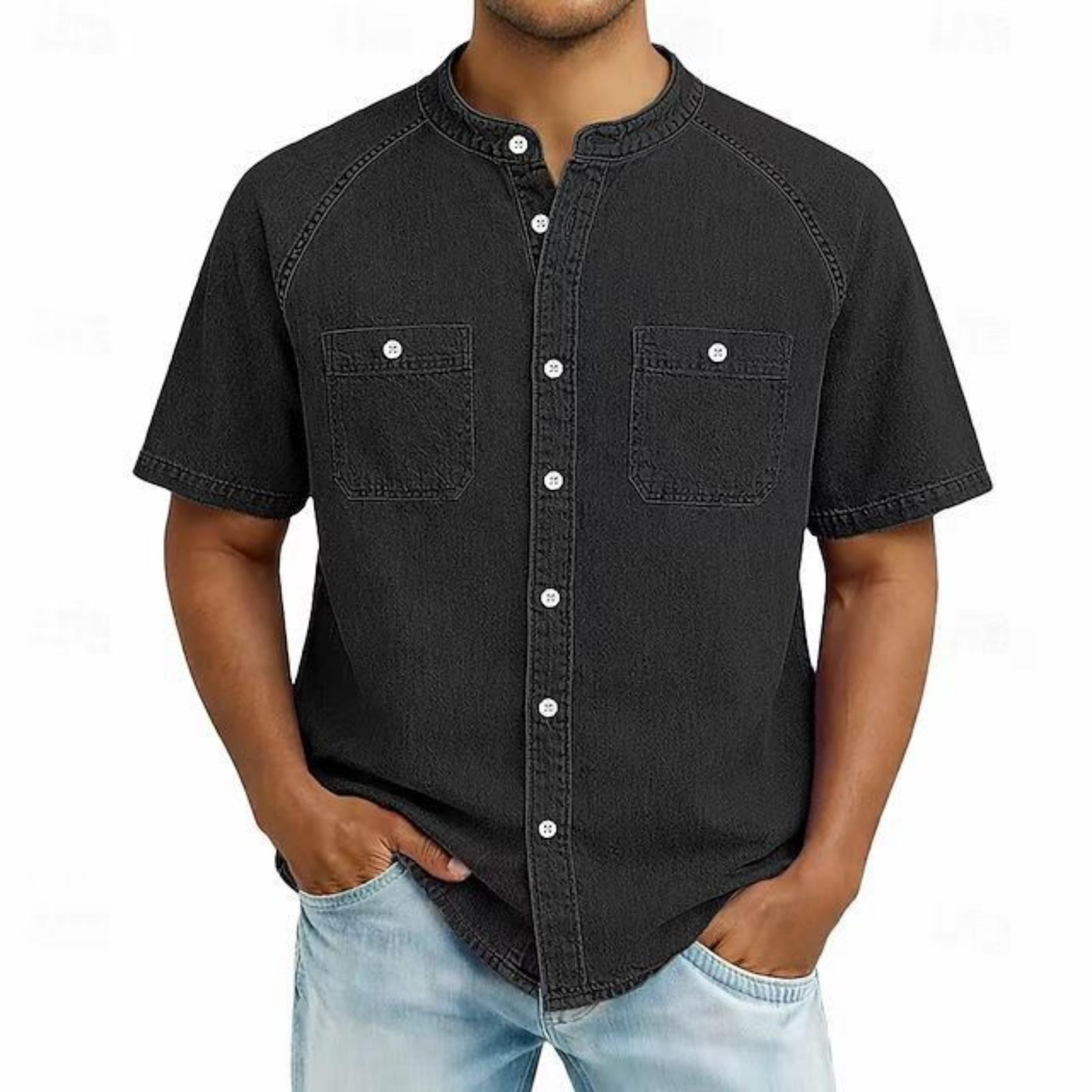 

Men s Casual Short Sleeve Denim Shirt Vintage Washed American Style Button Down Henley Collar Relaxed Fit Retro Pocket Design L чёрный