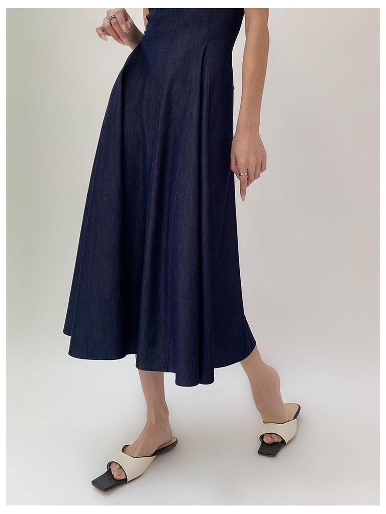 Washed Denim Waist-Defining Big Swing Long Sundress